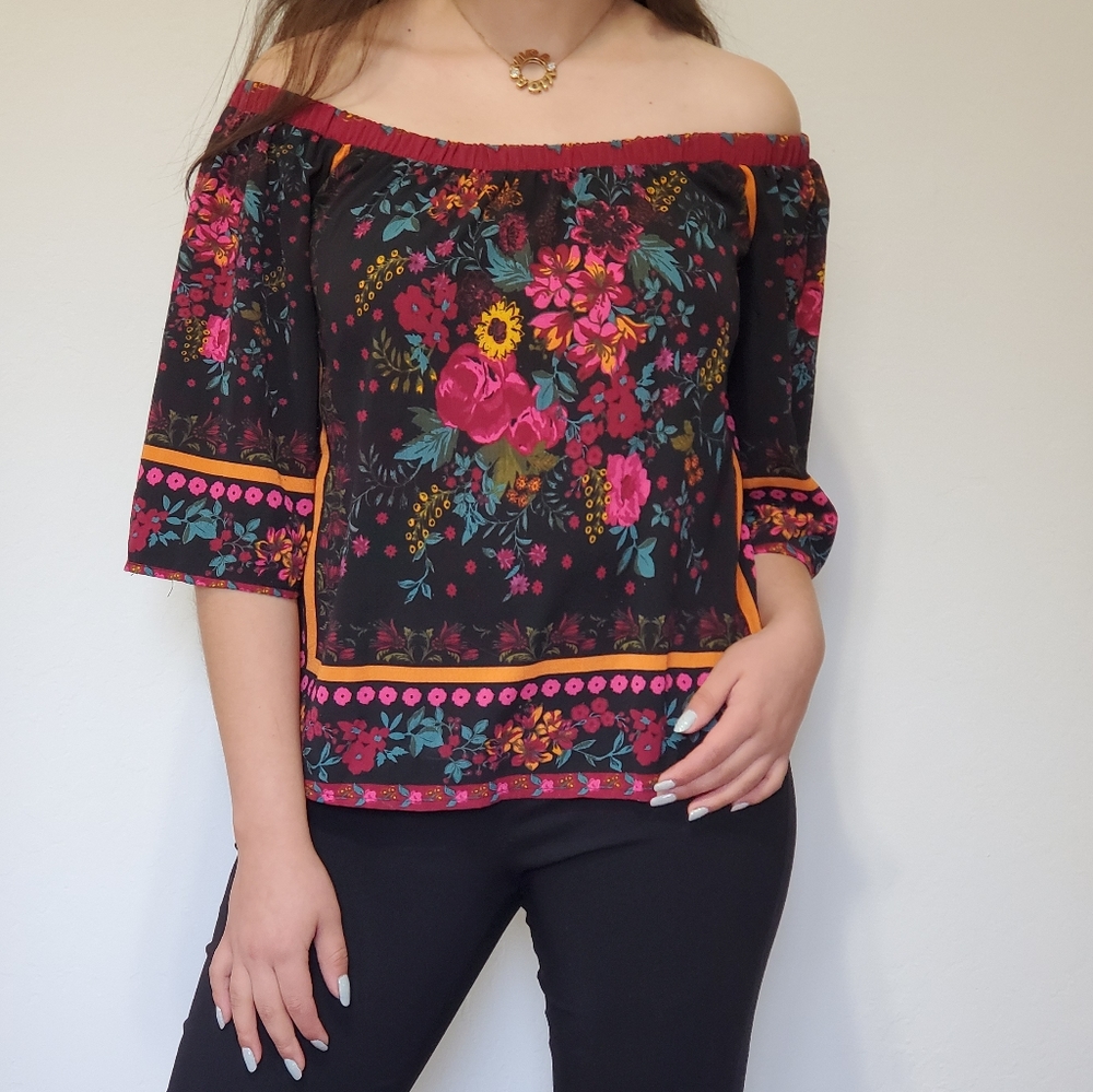 Rue21 Black Wildflower Off the Shoulder Blouse